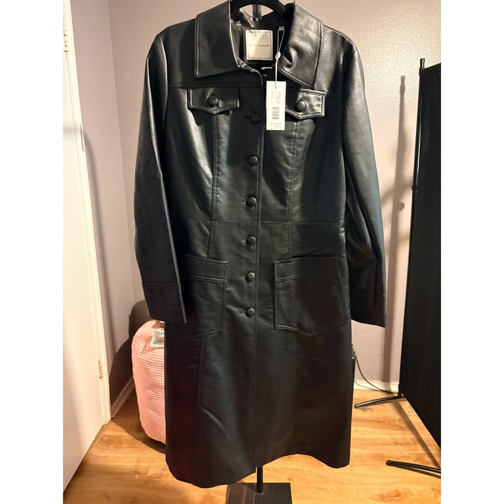 Elie Tahari Black Faux Leather Overcoat Sz M, Retail $425